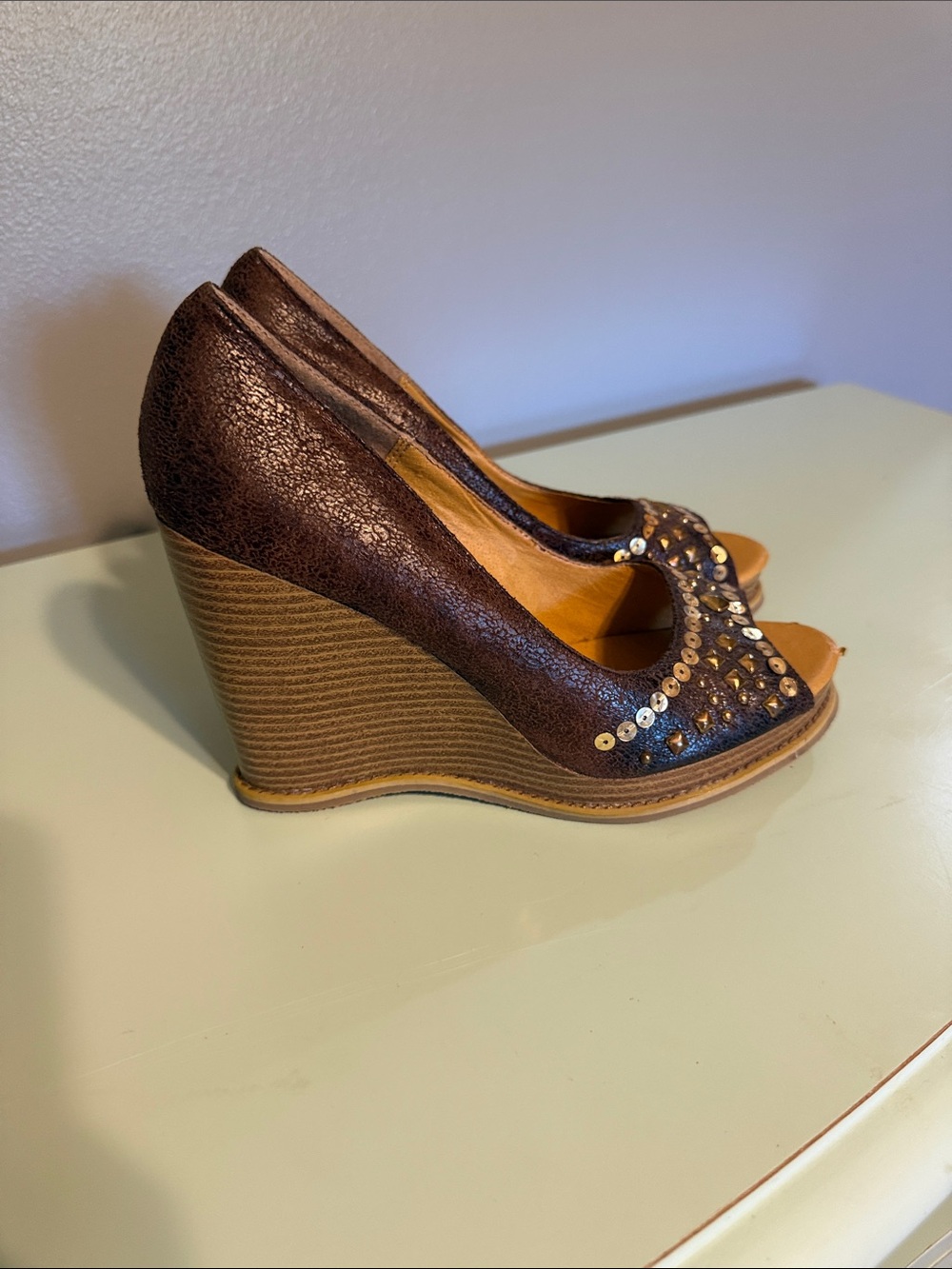 BAMBOO Brown Sequin Open-Toe Wedge Heels
